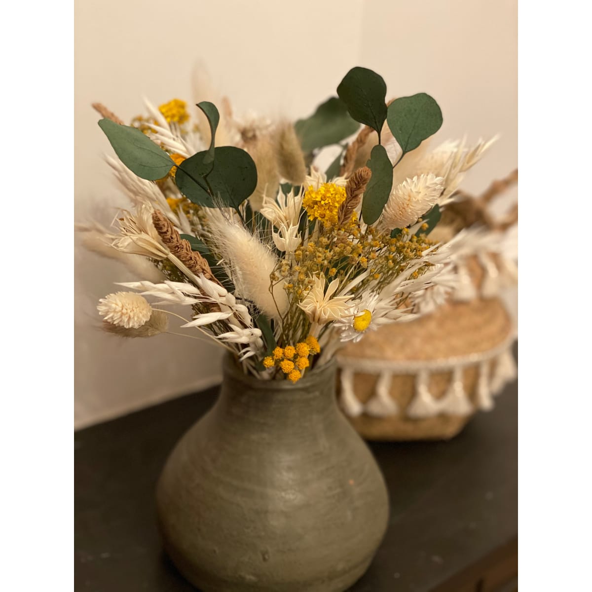 Bouquet fleurs séchées nature jaune vase